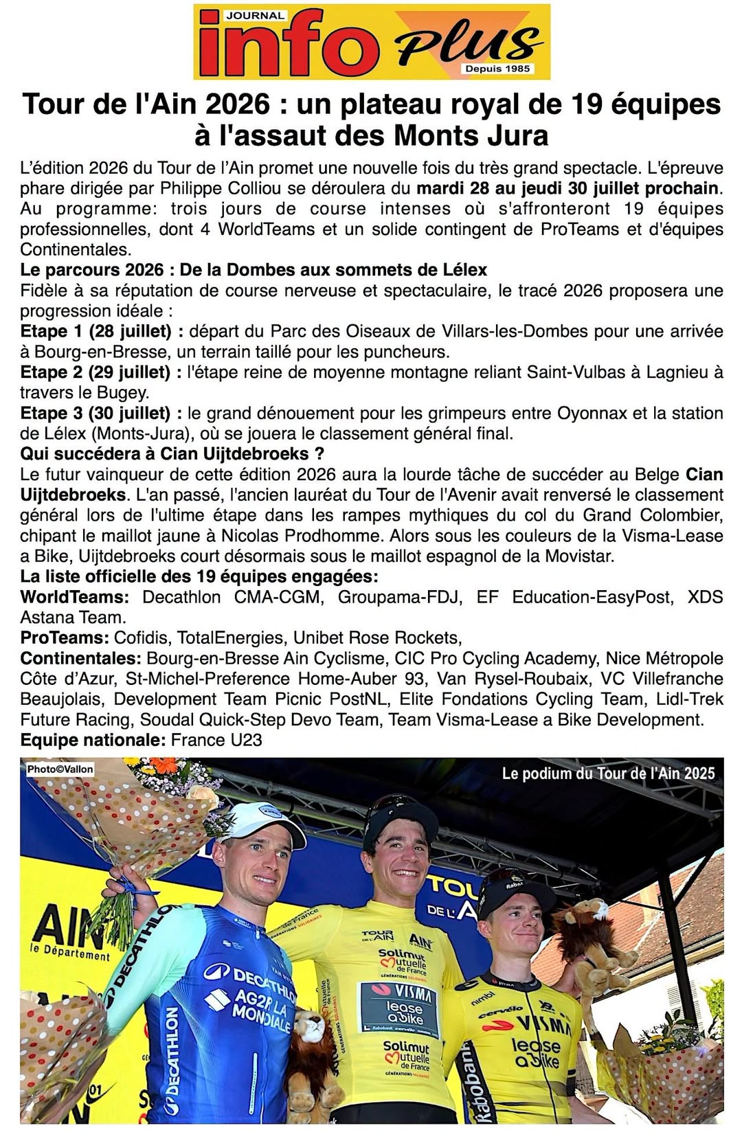 Cyclisme: Tour de l'Ain 2026