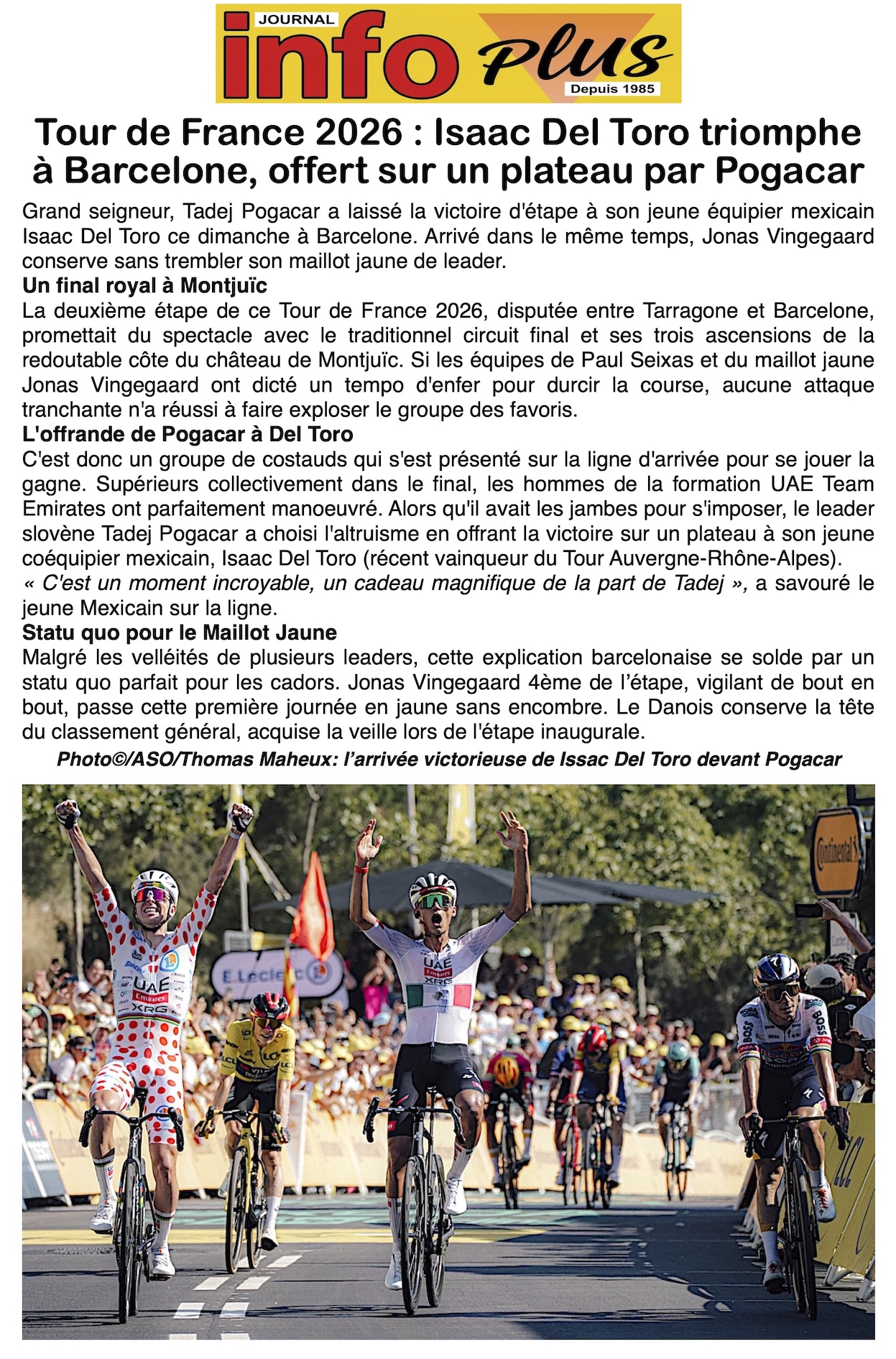 Tour de France 2ème étape: Pogacar offre la victoire à Del Toro !