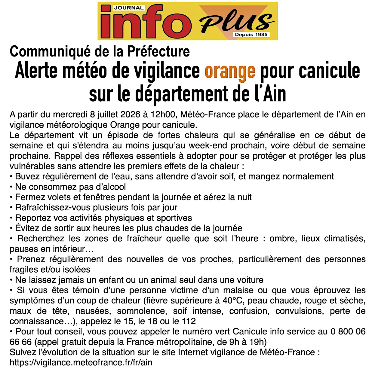 Préfecture de l'Ain: vigilance orange canicule à partir de demain !