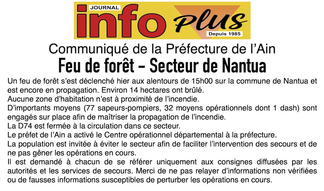 Communiqué de la Préfecture: feu de forêt à Nantua !