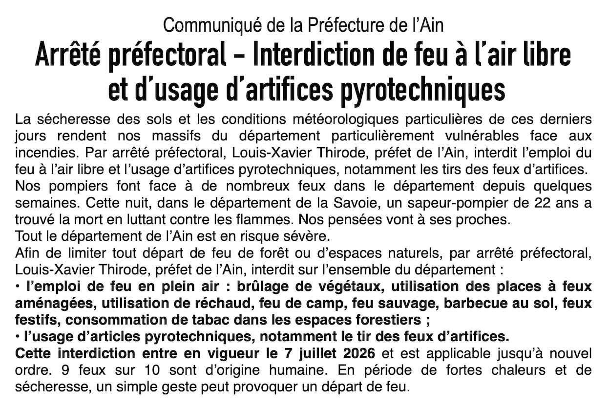 Communiqué de la Préfecture de l'Ain !