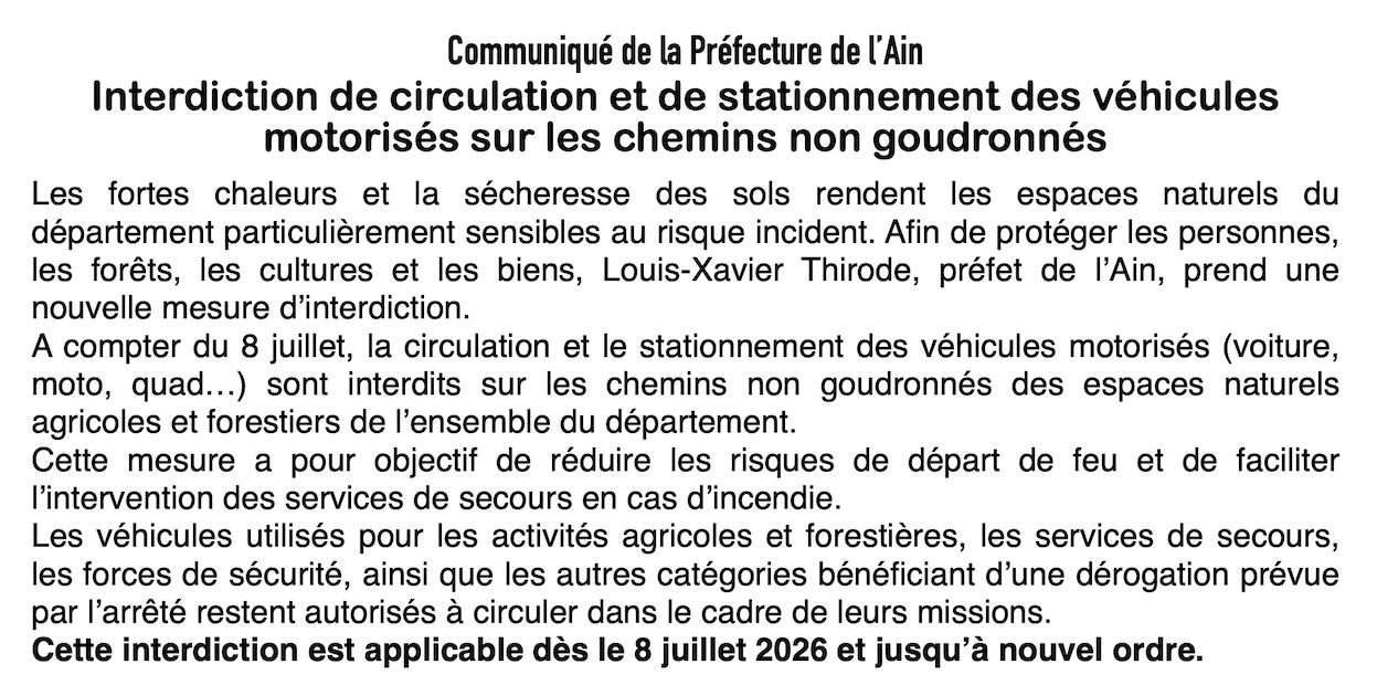 Ain: interdiction de circulation et de stationnement sur les chemins non goudronnés !