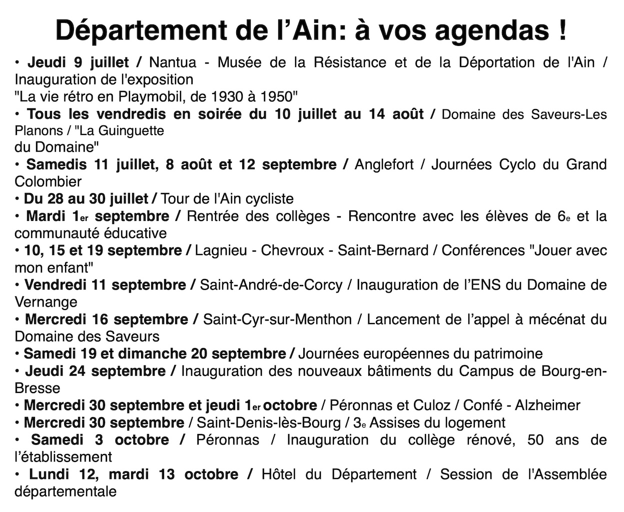 Ain: à vos agendas !