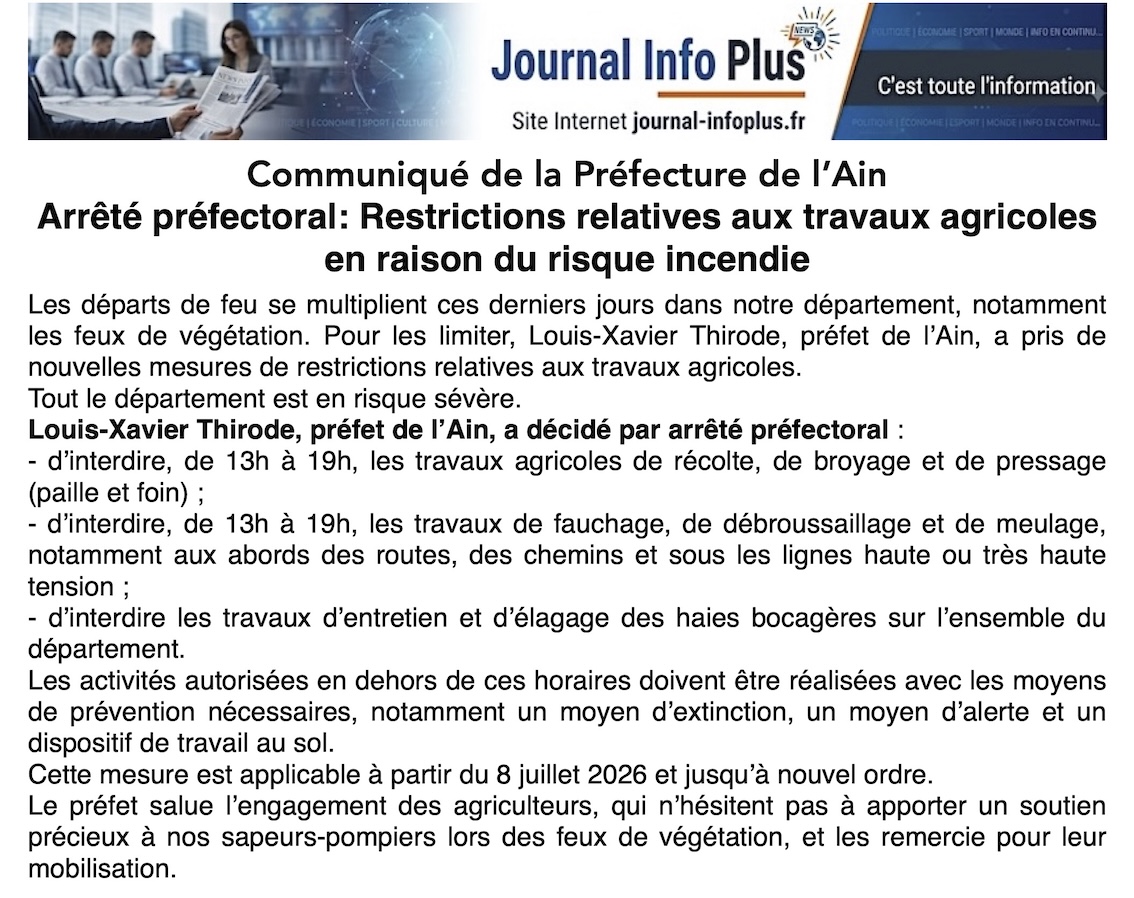 Préfecture de l'Ain: restrictions aux travaux agricoles !