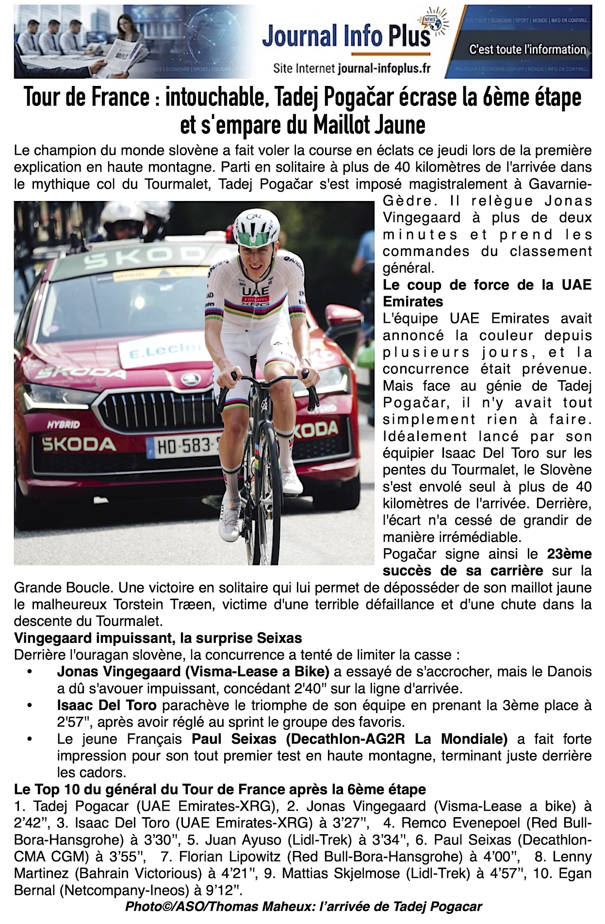 Tour de France: seul au monde Tadej Pogacar remporte la 6ème étape !