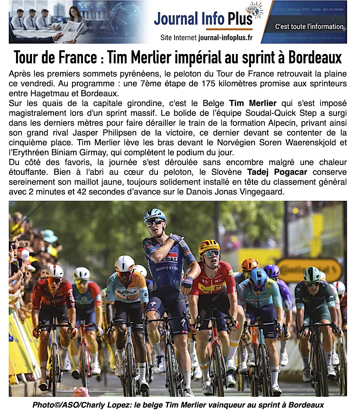 Tour de France : Tim Merlier s'impose au sprint à Bordeaux !