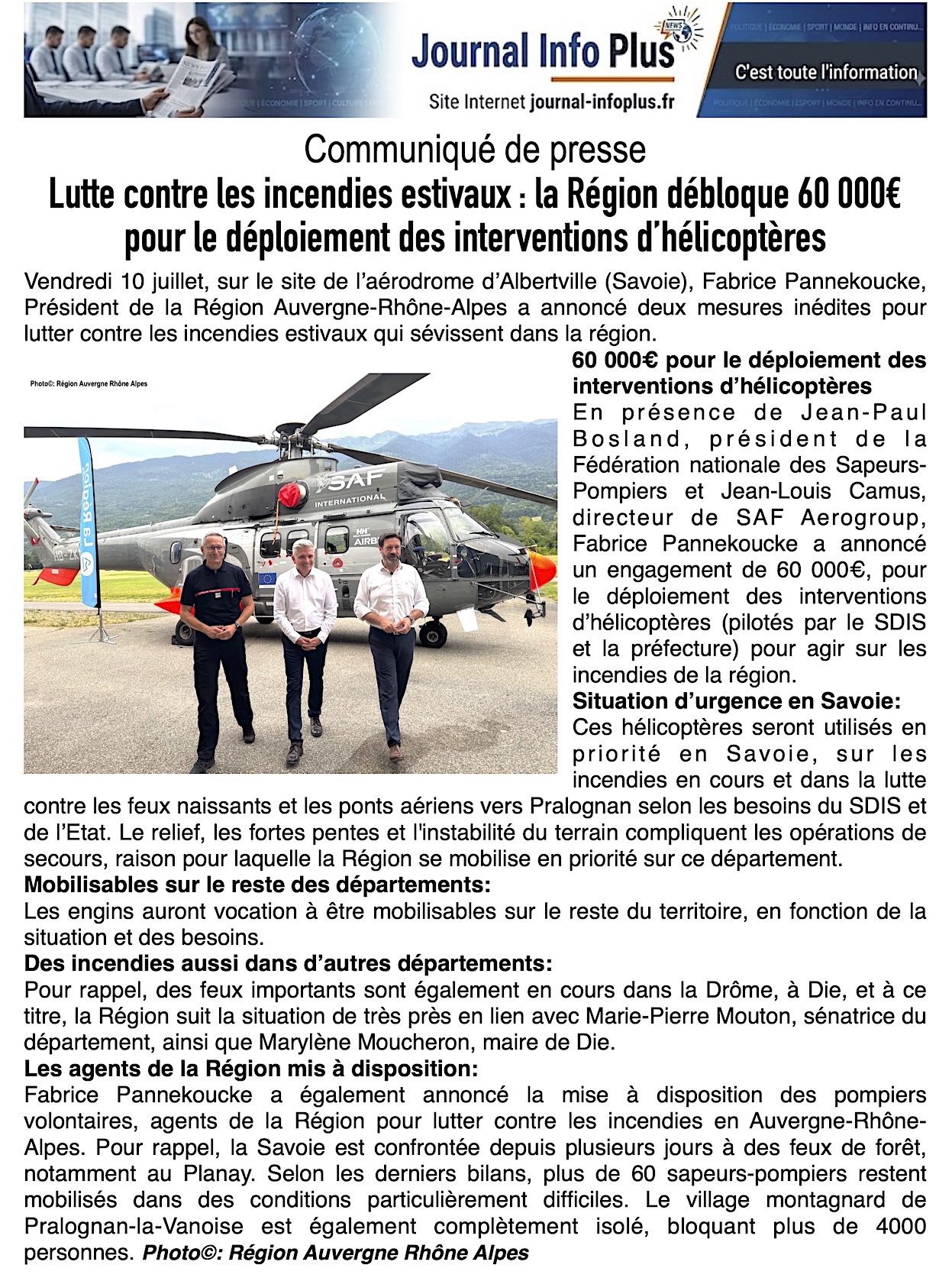 La Région débloque 60 000 euros pour le déploiement des interventions d'hélicoptères !
