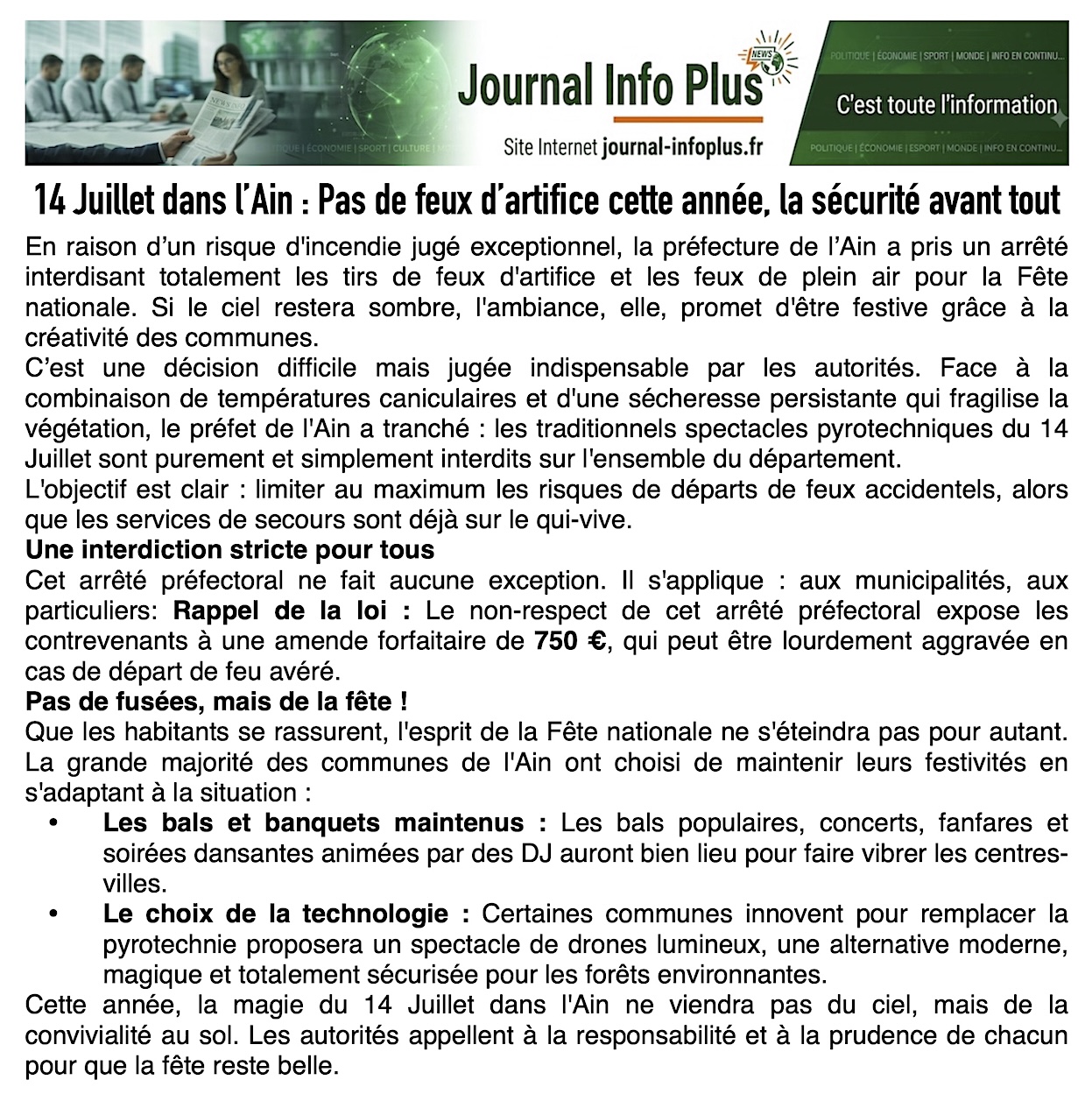 14 juillet: pas de feux d'artifices dans l'Ain