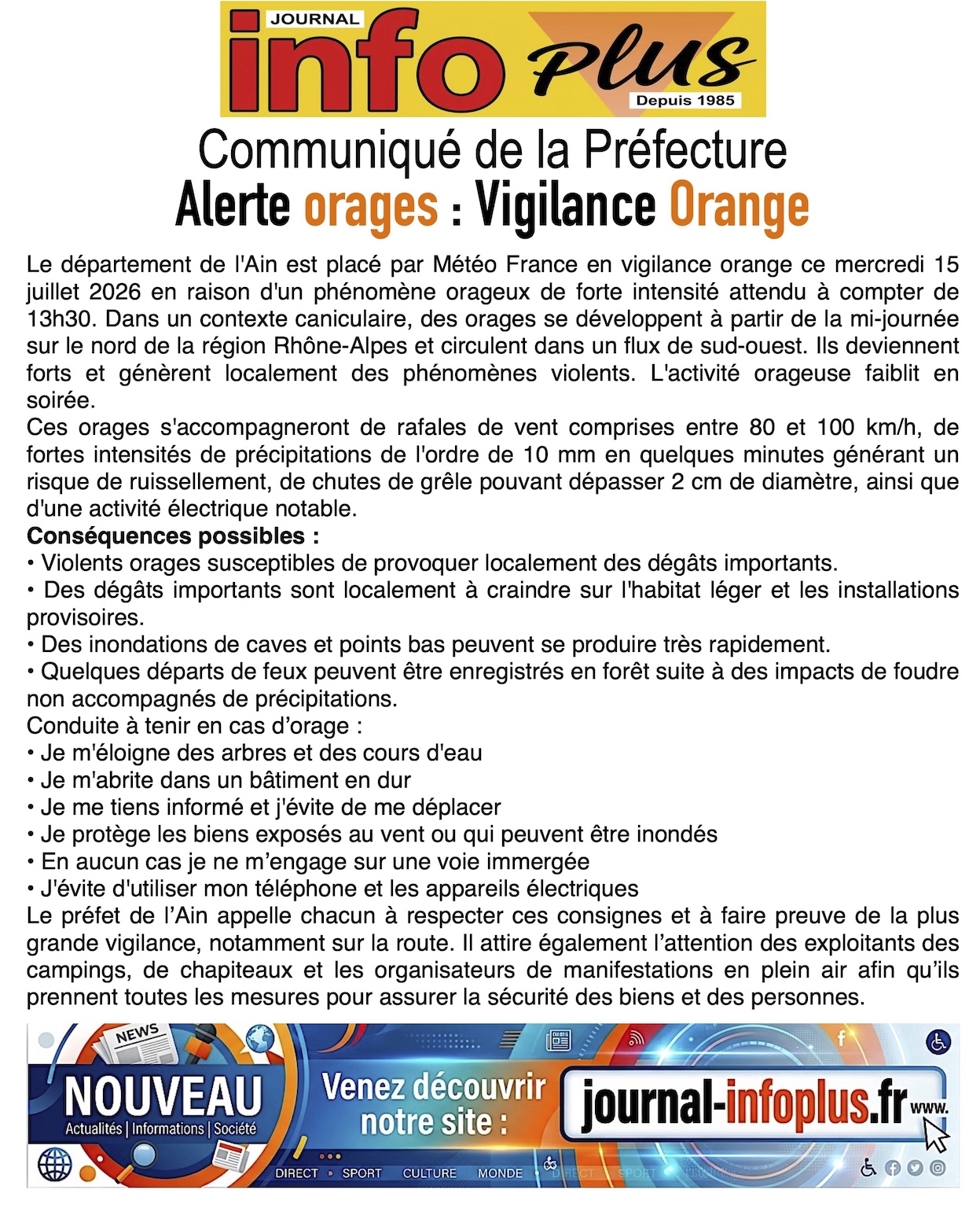 Préfecture de l'Ain: alerte Oranges !