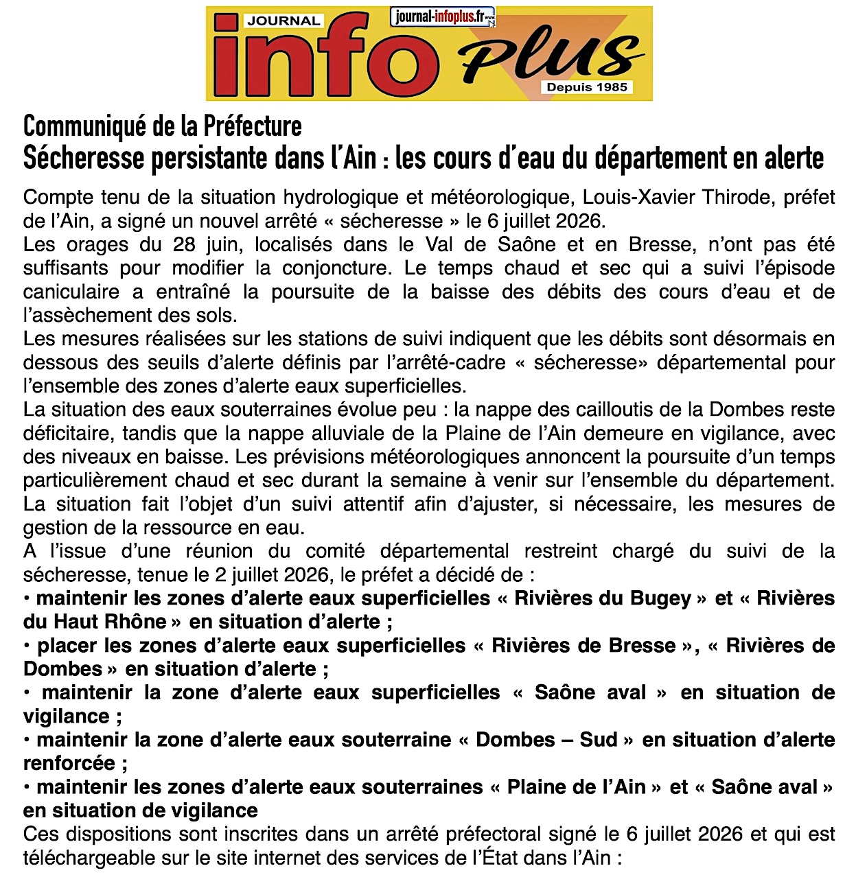 Communiqué de la Préfecture de l'Ain: les cours d'eau en alerte !