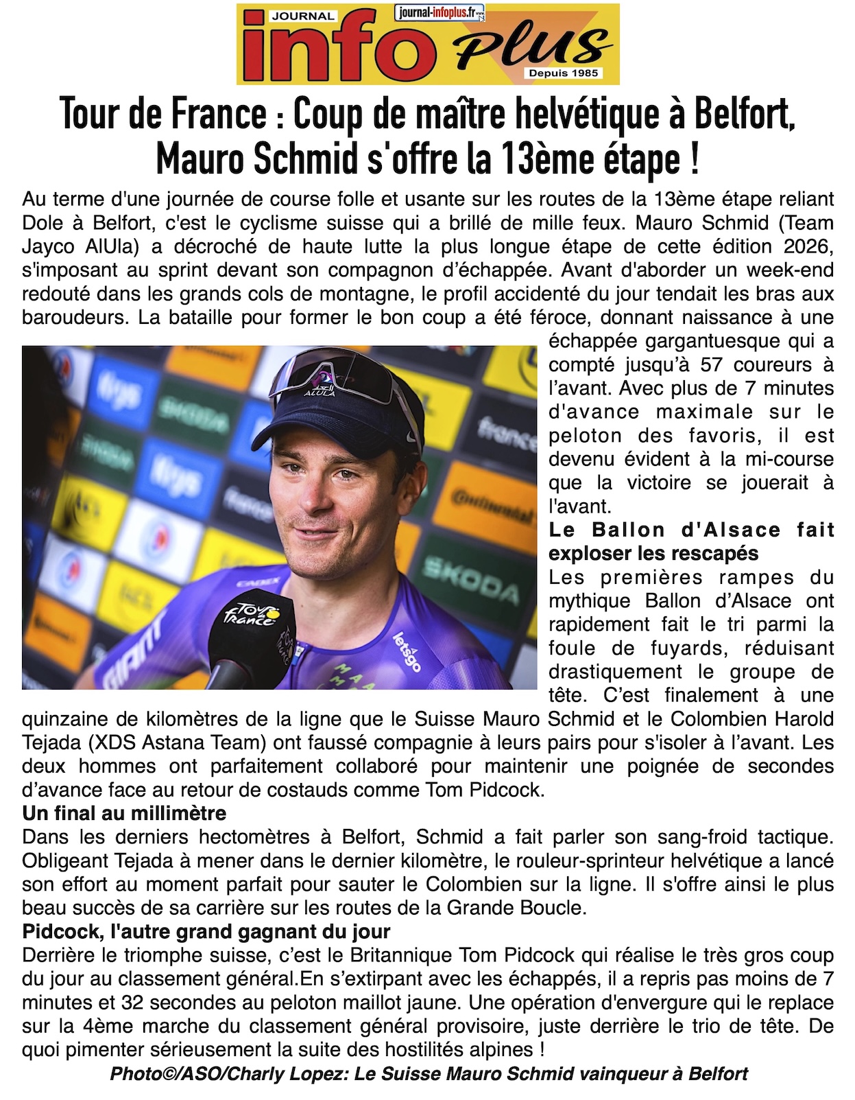 Tour de France: 13ème étape - Mauro Schmid vainqueur à Belfort