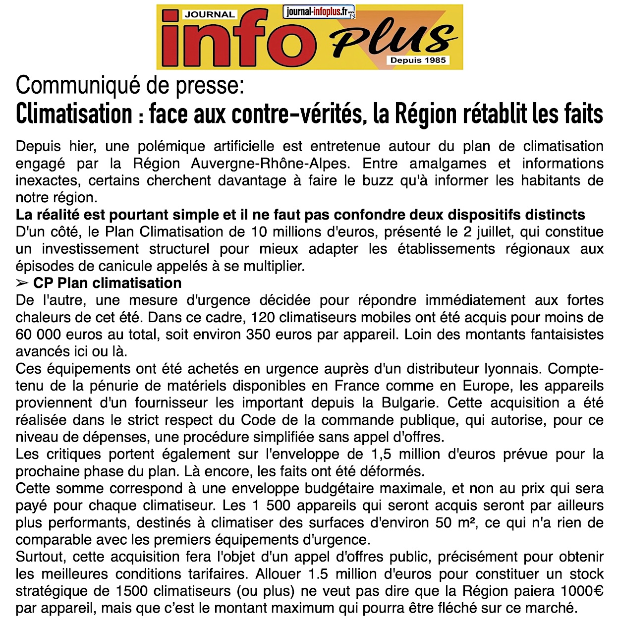 Climatisation: la région rétablit les faits !