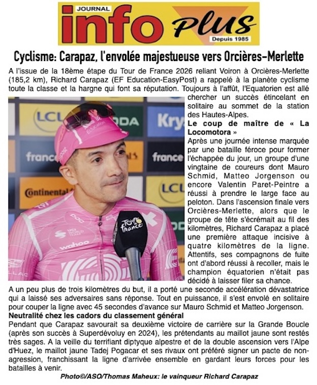 Cyclisme: Richard Carapaz vainqueur de la 18ème étape du Tour