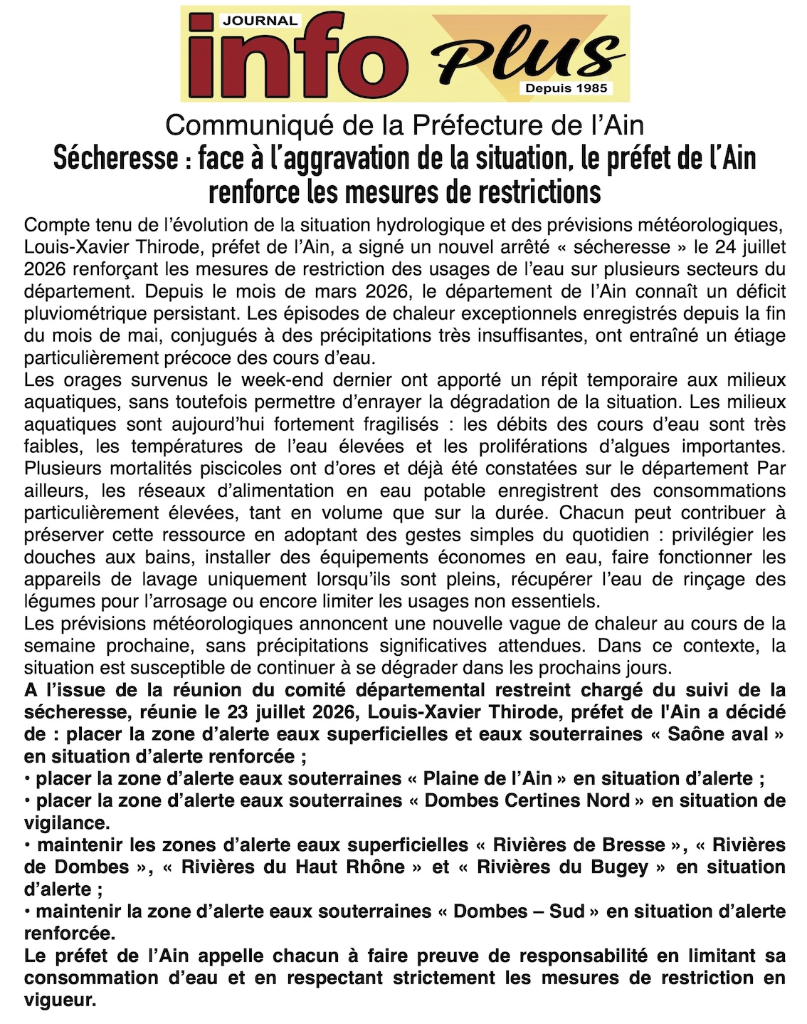 Le Préfet de l'Ain renforce les mesures de restrictions !