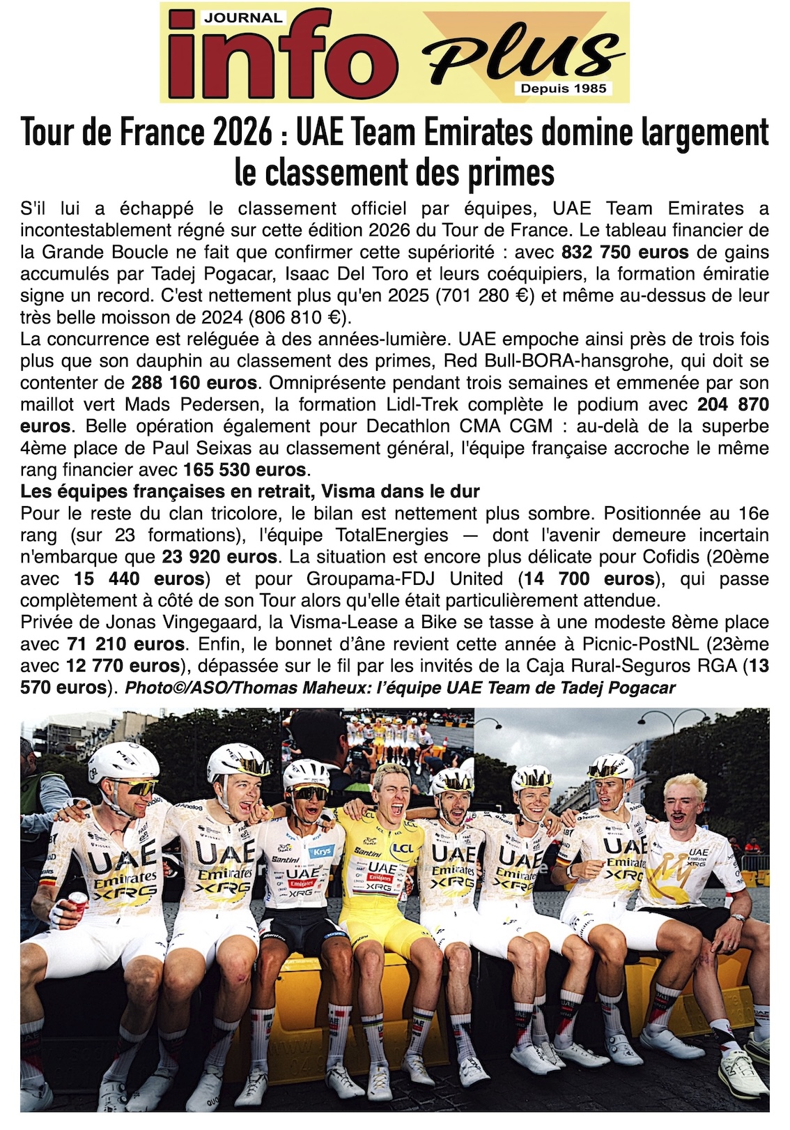 Tour de France: 832 750 euros de gain accumulés par Tadej Pogacar !