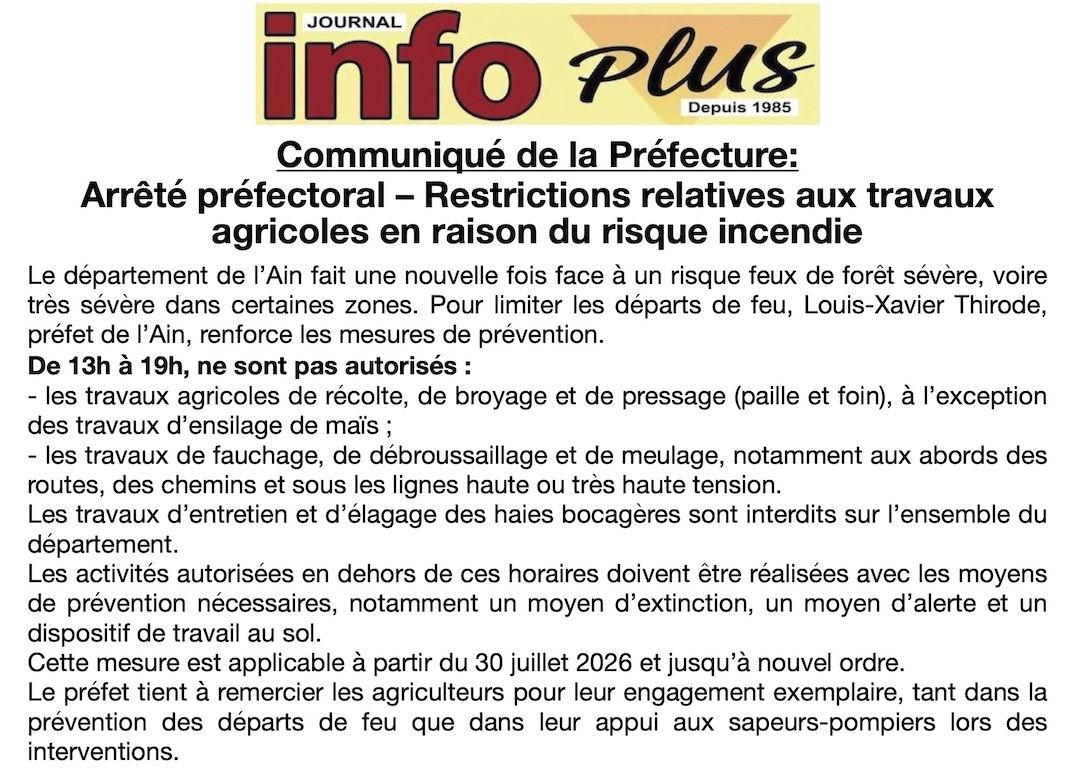 Restrictions relatives aux travaux agricoles en raison du risque incendie