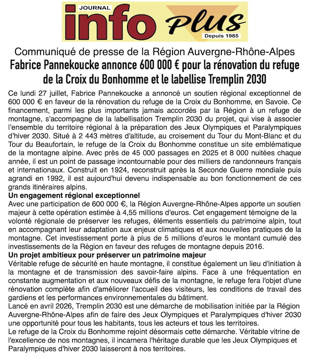 600 000 € de la Région Auvergne-Rhône-Alpes pour moderniser le refuge de la Croix du Bonhomme