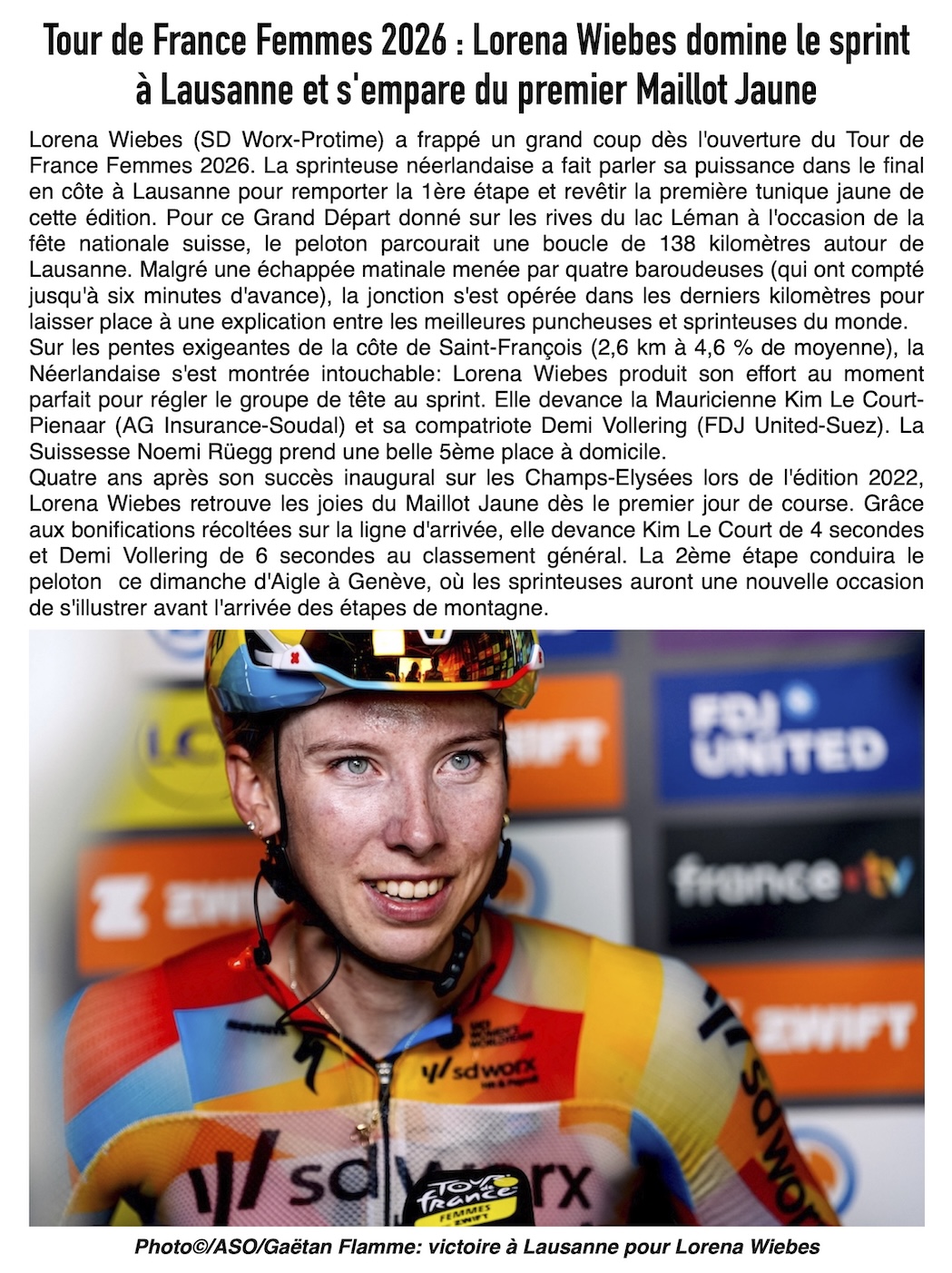  Coup d'envoi royal en Suisse ! Lorena Wiebes s'est imposée au terme d'un sprint massif à Lausanne