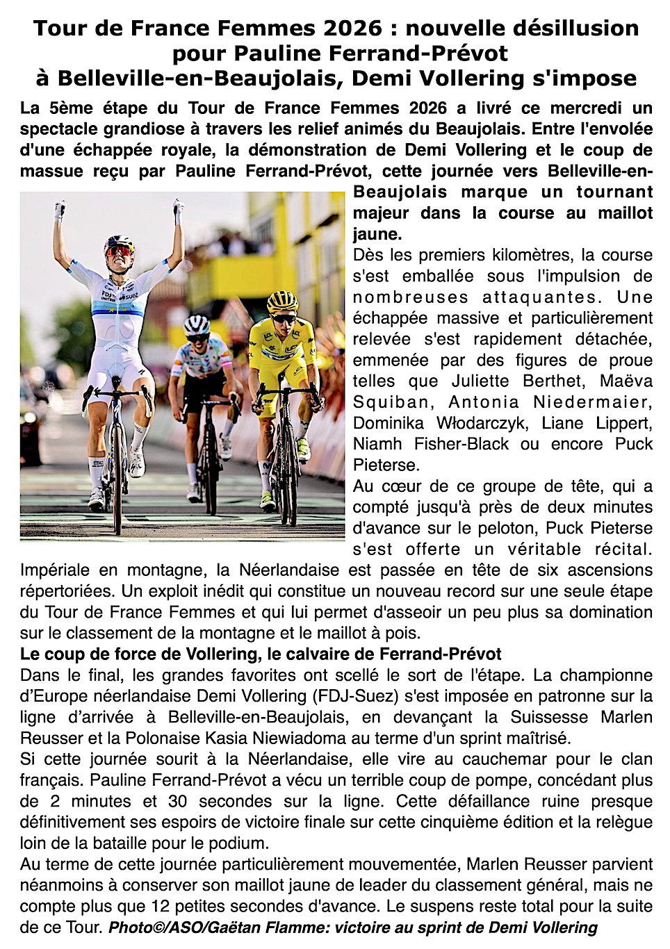 Tour de France Femmes 2026 : Le rêve s'envole pour Pauline Ferrand-Prévot à Belleville-en-Beaujolais