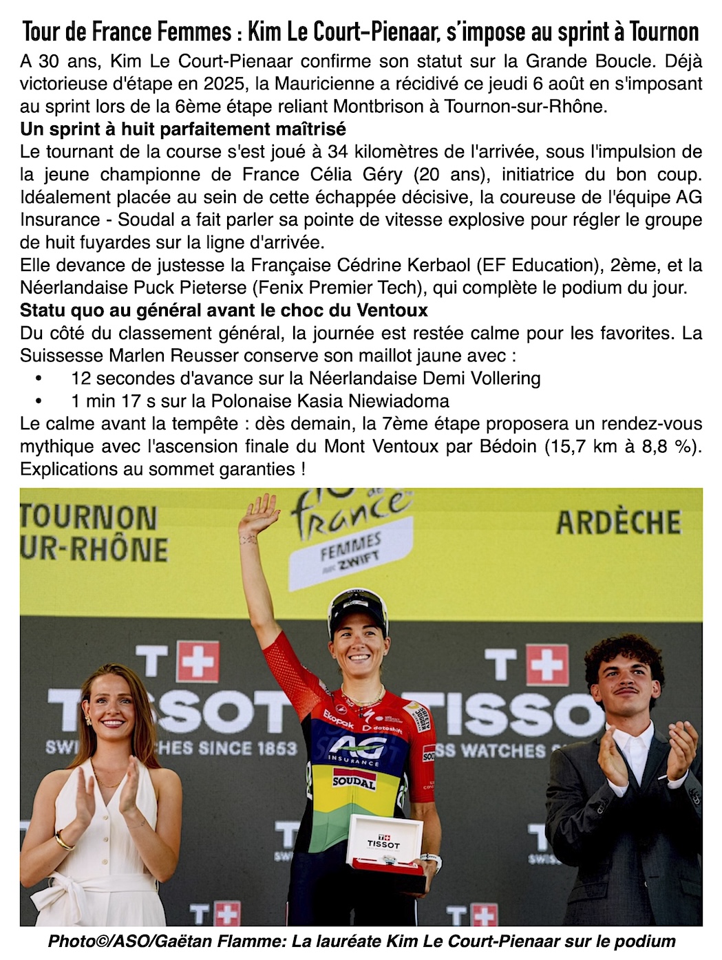 Coup d'éclat sur le Tour de France : Kim Le Court-Pienaar s'impose sur la 6ème étape !