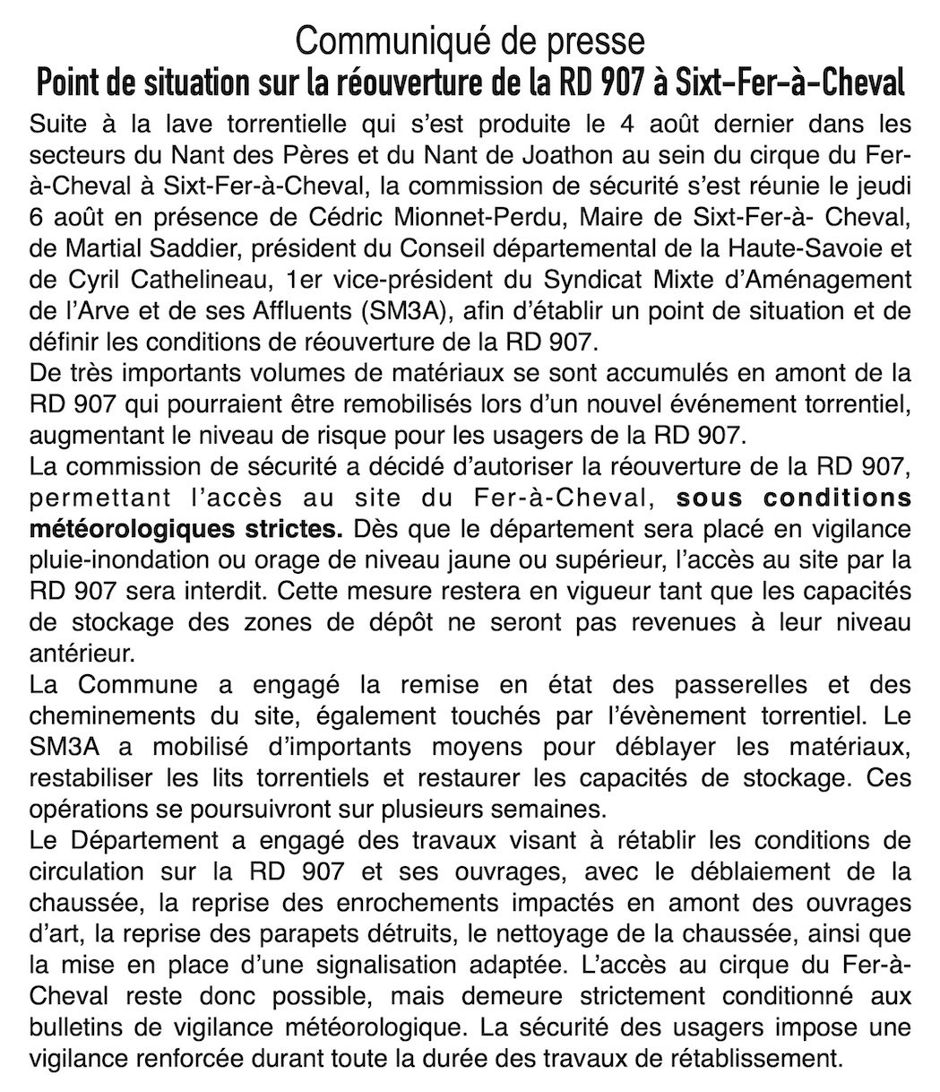 Cirque du Fer-à-Cheval : La RD 907 de nouveau accessible, mais sous vigilance renforcée !