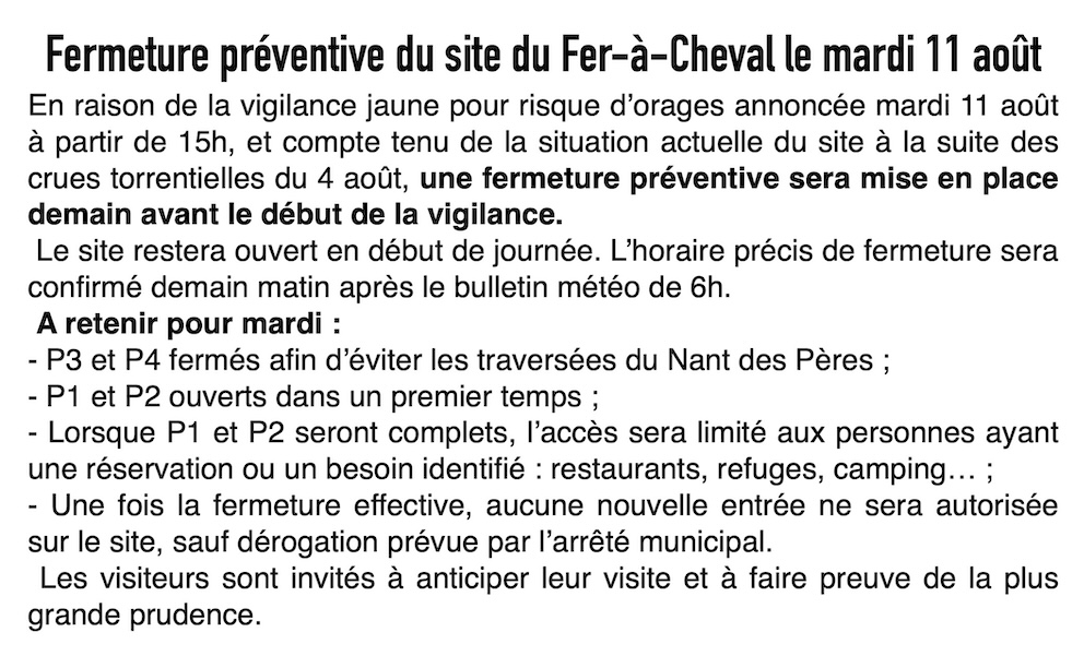 Alerte météo au site du Fer-à-Cheval : Adaptation des accès et fermeture ce mardi