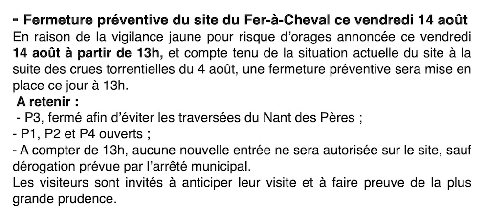 Communiqué du Département de la Haute-Savoie: Fermeture préventive du site Fer à cheval ce vendredi 14 août dès 13h