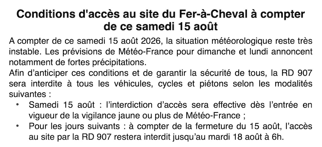 Fermeture d'urgence du Fer-à-Cheval dès ce samedi : la RD 907 totalement interdite face aux intempéries !