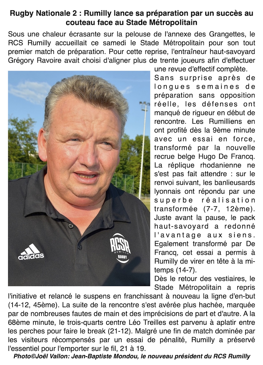 Rugby N2 : Rumilly résiste et s'impose face au Stade Métropolitain (21-19)