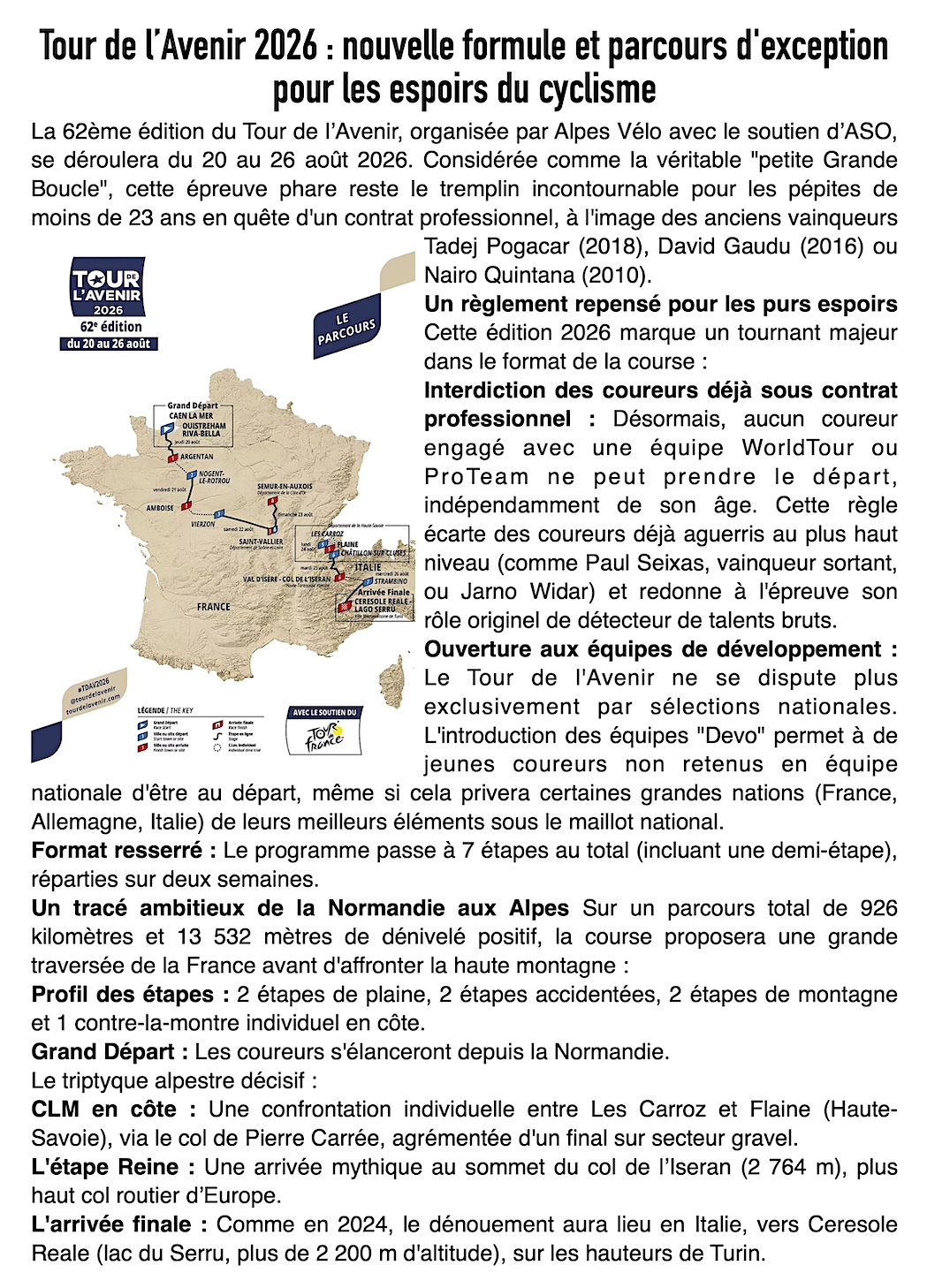 Tour de l’Avenir 2026 : Nouveau règlement, profil des étapes et parcours de la 62e édition