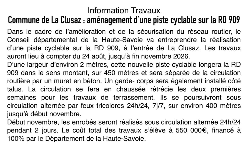 Aménagement de la RD 909 : création d’une piste cyclable sécurisée à La Clusaz