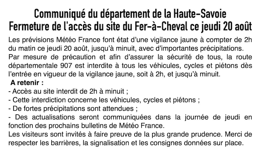 Haute-Savoie : Fermeture exceptionnelle du site du Fer-à-Cheval ce jeudi 20 août