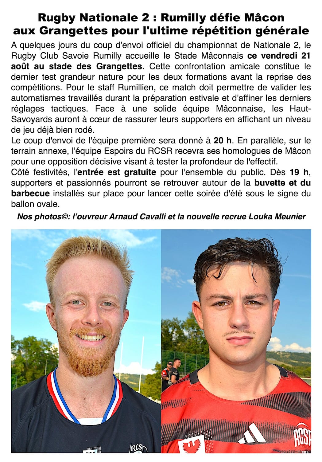 Rugby – Nationale 2 : Rumilly - Mâcon aux Grangettes pour l'ultime test avant le championnat