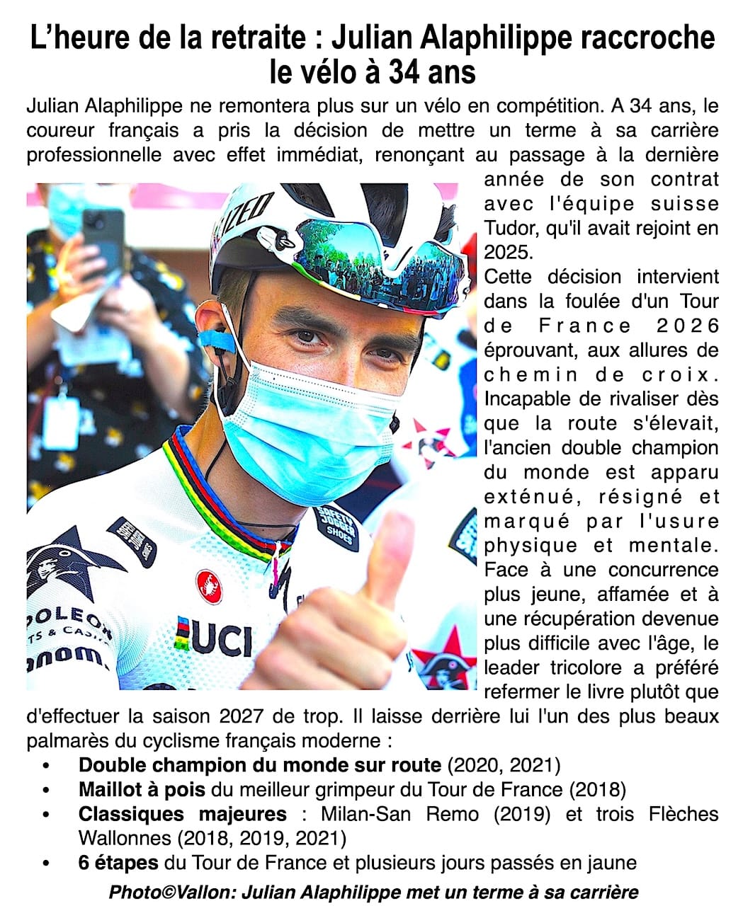 Julian Alaphilippe prend sa retraite : la fin d'une époque pour le cyclisme français