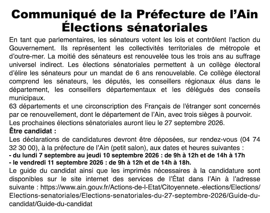 Élections sénatoriales 2026 dans l’Ain : modalités et dépôt des candidatures