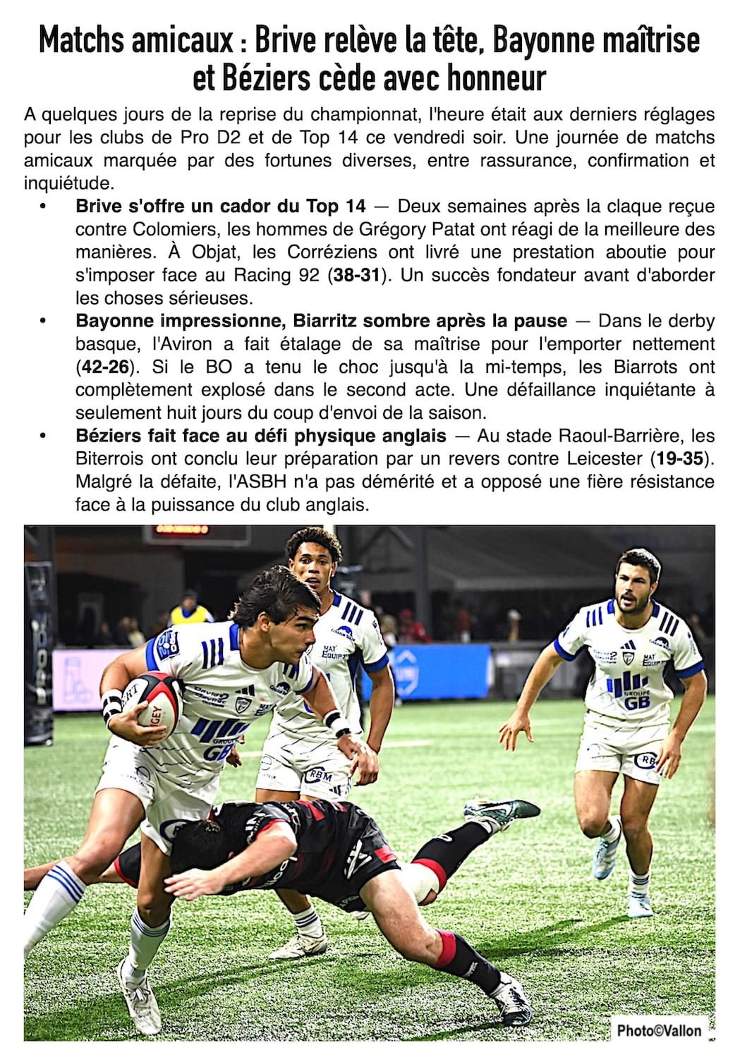Rugby : Brive s'offre le Racing, Bayonne roi du derby et Béziers s'accroche