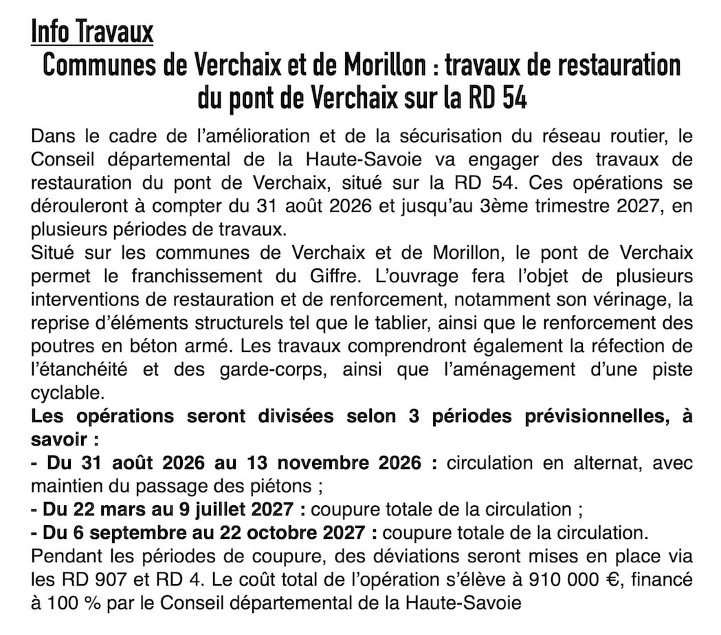 Travaux sur la RD 54 : le pont de Verchaix en chantier du 31 août 2026 à l'automne 2027