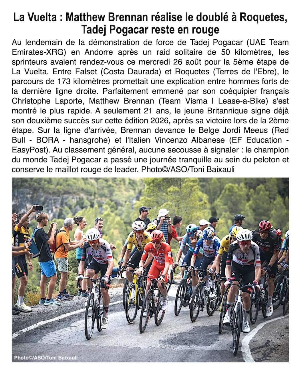 Vuelta : Brennan impérial au sprint à Roquetes pour un doublé, Pogacar au contrôle