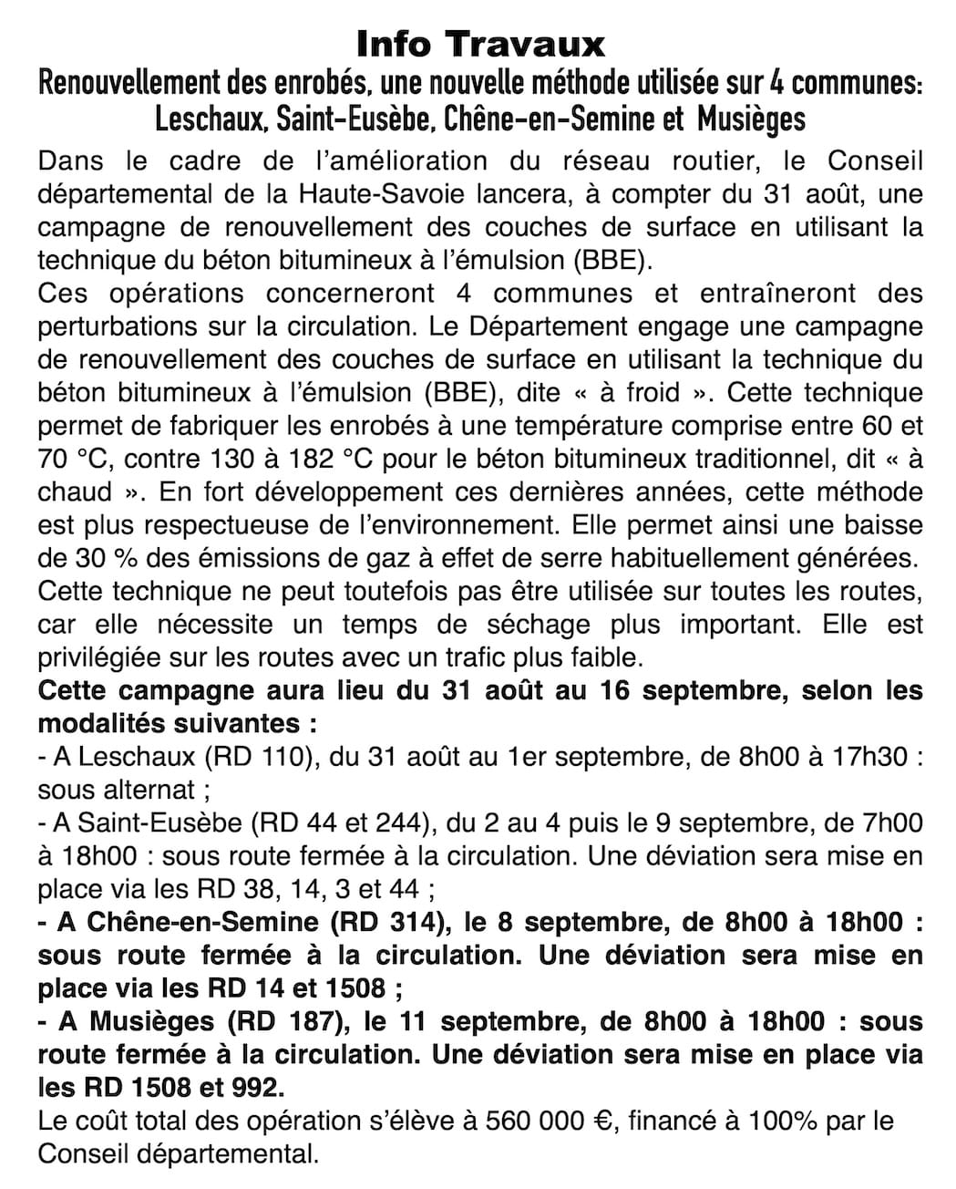 Révolution écologique sur les routes de Haute-Savoie : 4 communes en travaux dès le 31 août !