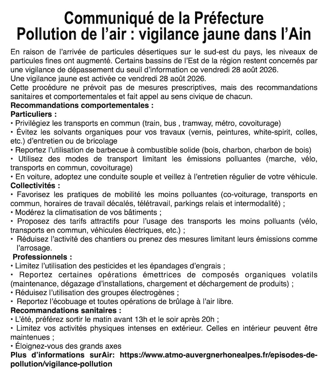 Épisode de pollution aux particules désertiques : l’Ain placé en vigilance jaune