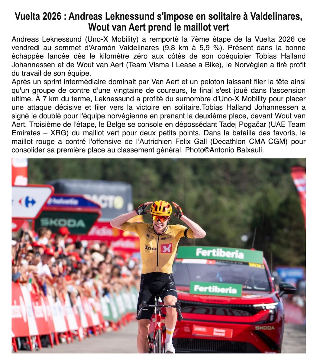 Vuelta : Leknessund triomphe en solitaire à Valdelinares, Pogačar conserve le rouge