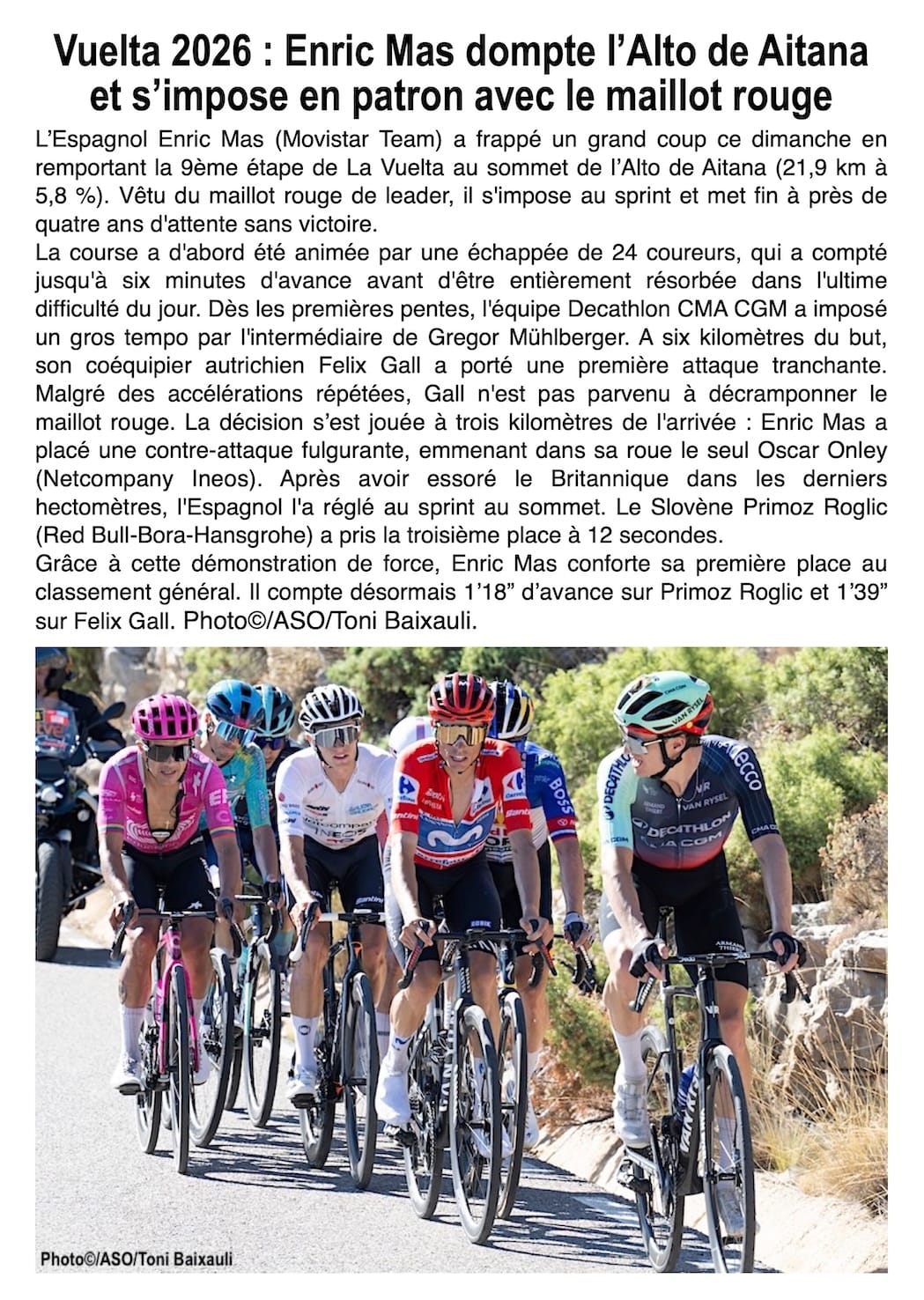 Vuelta 2026 : Enric Mas assomme la concurrence à Aitana et conforte son maillot rouge