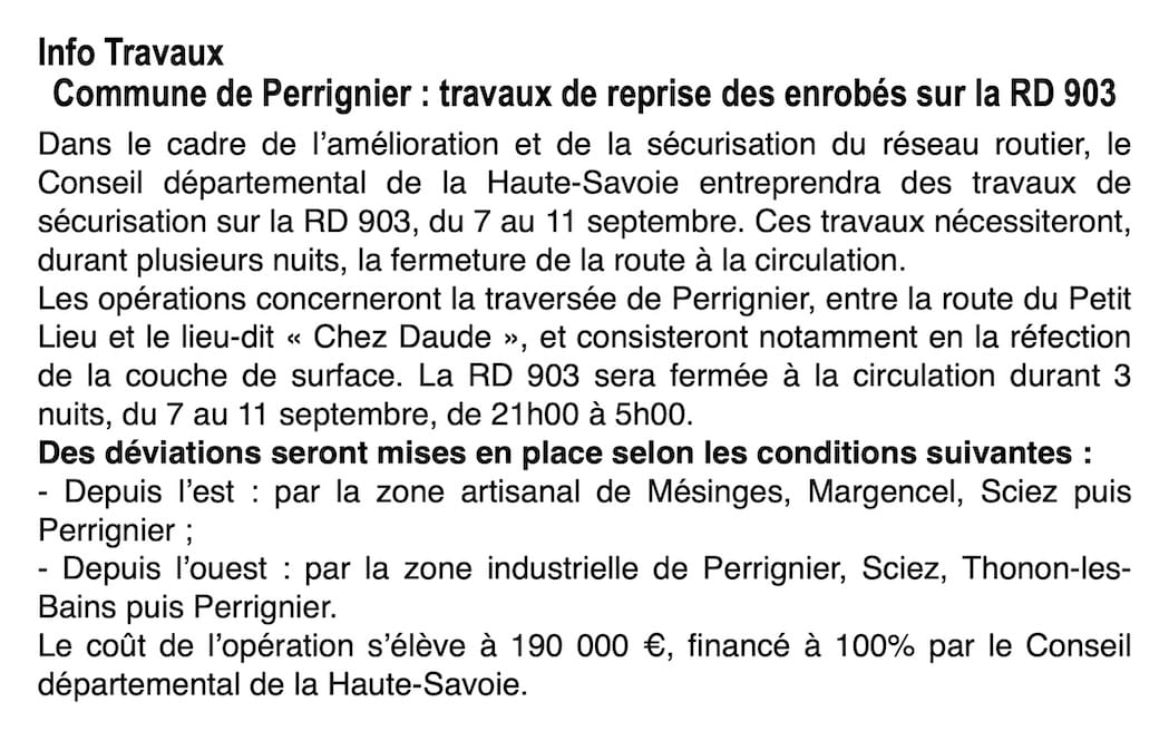 NFO TRAVAUX — Fermeture nocturne de la RD 903 à Perrignier du 7 au 11 septembre