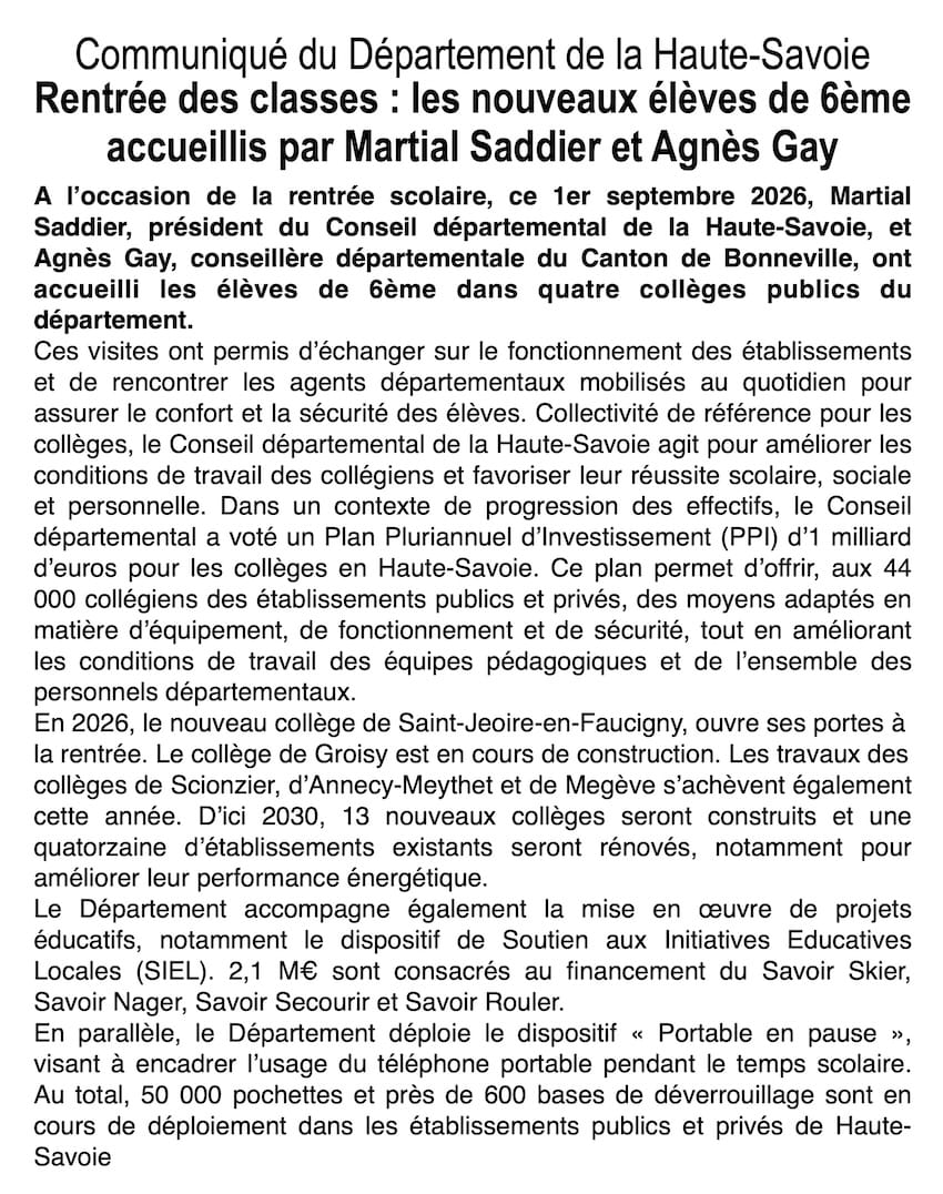 Haute-Savoie : le Département au plus près des collégiens pour la rentrée