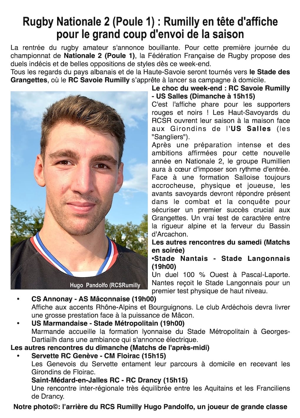 Rugby: Tous les regards seront tournés vers Les Grangettes pour le choc tant attendu entre le RC Savoie Rumilly et l'US Salles.