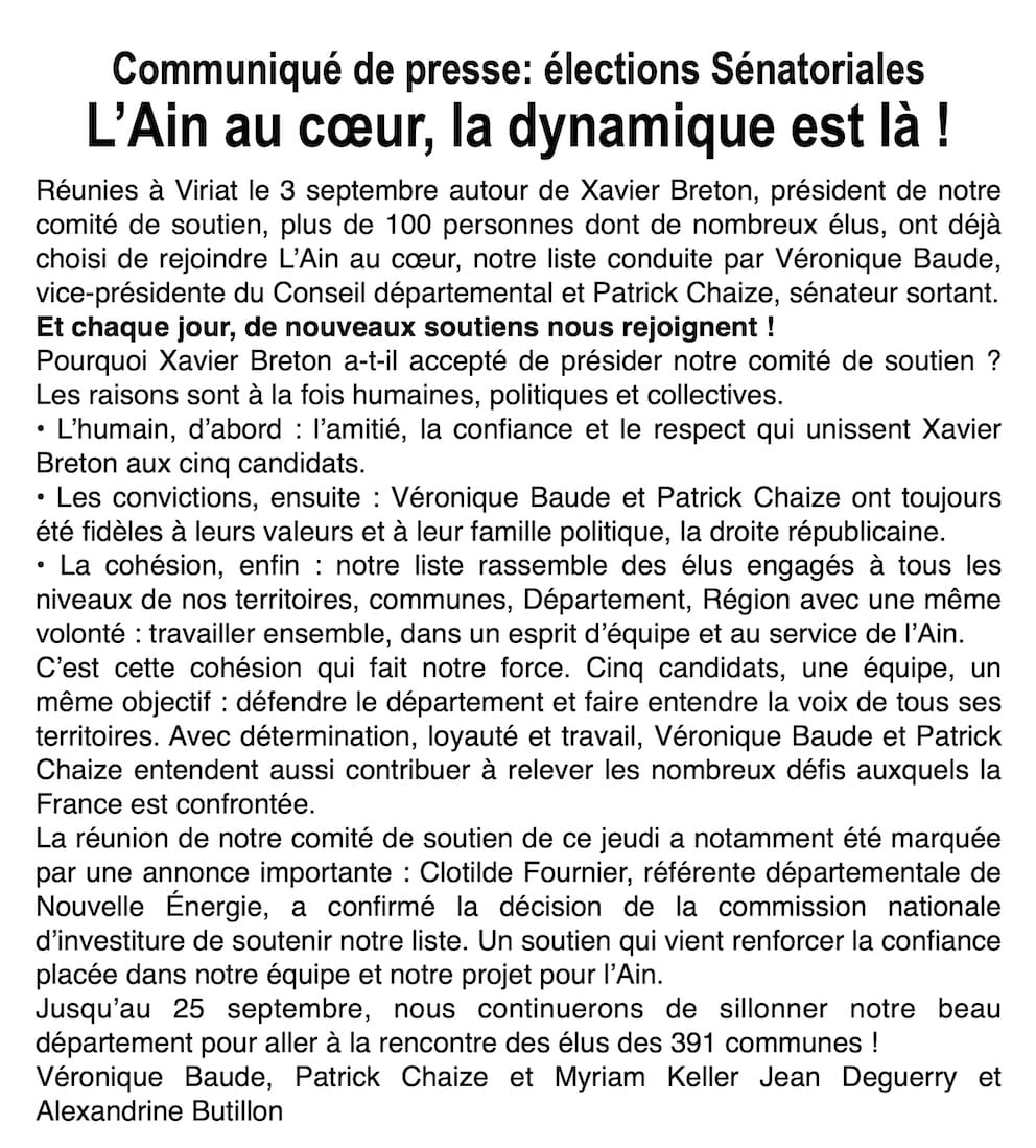 Élections sénatoriales : la liste « L'Ain au cœur » rassemble ses soutiens et accélère sa campagne