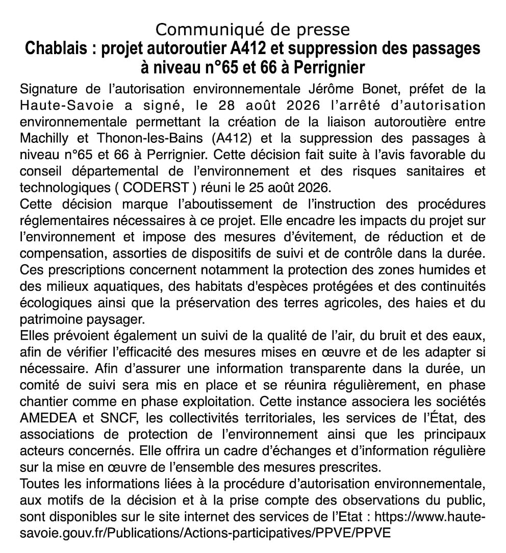Haute-Savoie : le préfet valide l'autorisation environnementale pour l'A412 et la sécurisation ferroviaire à Perrignier
