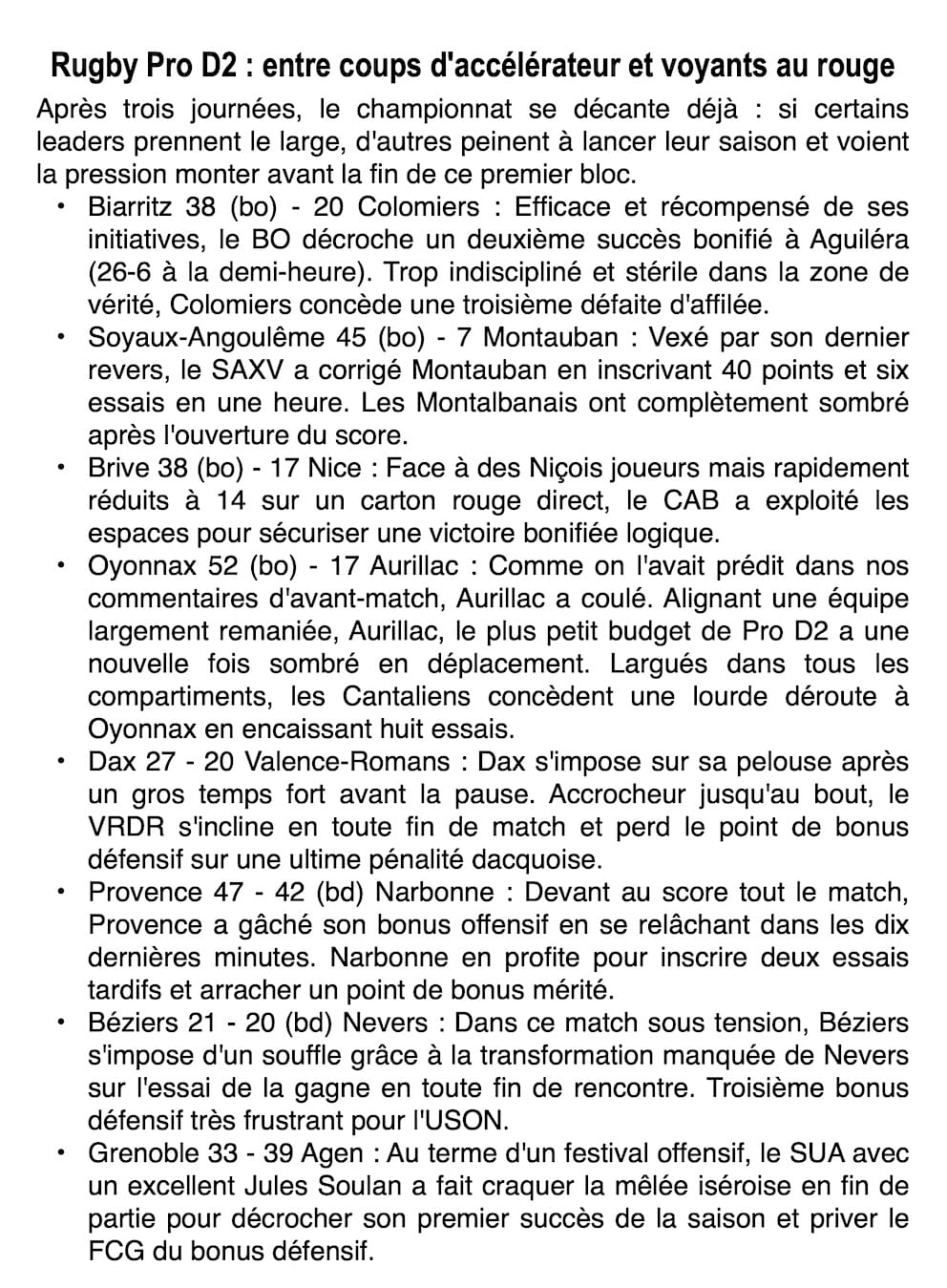 Rugby Pro D2 (J3) : cartons pleins pour les cadors, panique en bas de tableau