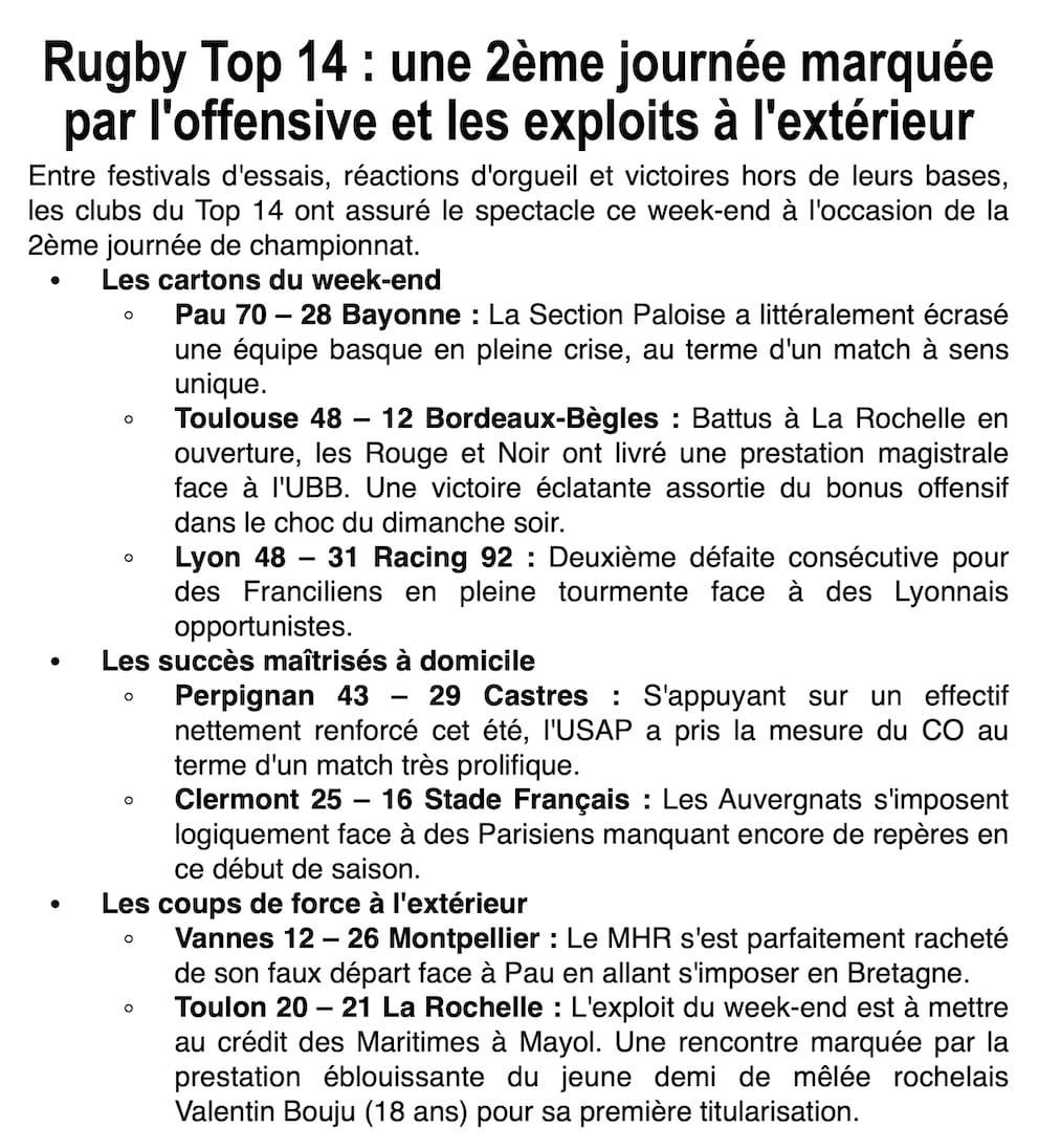Rugby Top 14 (J2) : Une pluie d'essais et un coup de tonnerre à l'extérieur