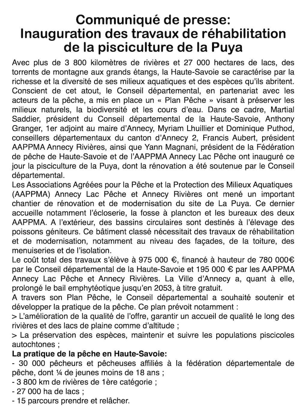 Haute-Savoie : inauguration de la pisciculture de la Puya au cœur du nouveau Plan Pêche